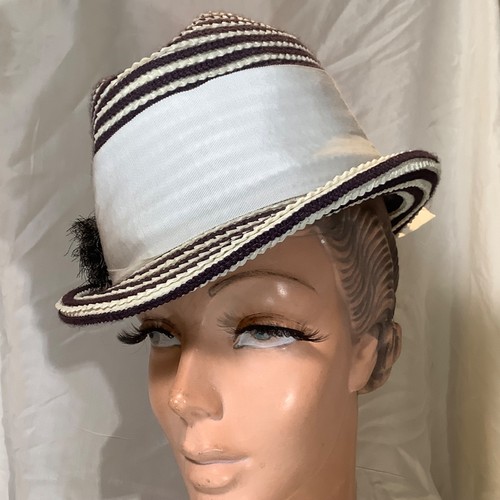 Vintage hat Sonni striped Black white Straw fedora Trilby spiral Funky artsy 70s - Picture 2 of 8