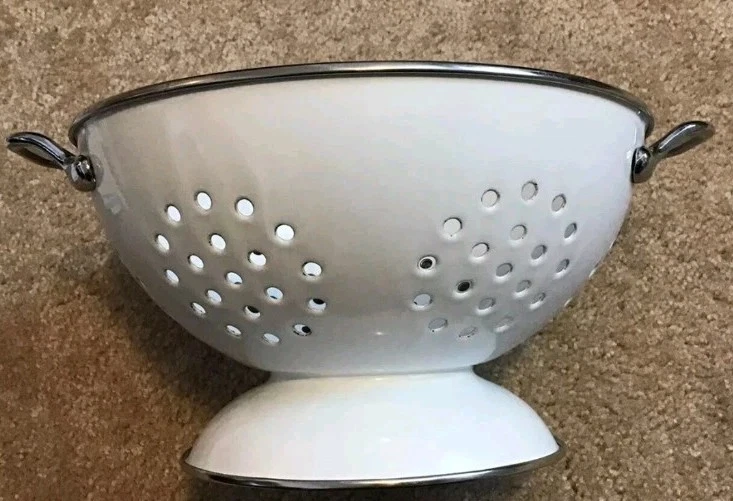 White Black Enamel Colander Strainer Pedestal Footed Metal Retro Farmhouse 9"