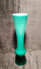 TALL 16" Aqua/Green Hand Blown Cased Glass Scalloped Edge Vase Empoli Style