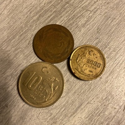 1995  Turkey 5000 Lira, 1948 25 kurus, 2996 10 Bin Lira - 3 Coins