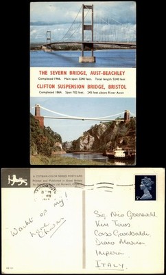 Postcard Bristol Severn Bridge and Clifton Suspension Bridge 1969