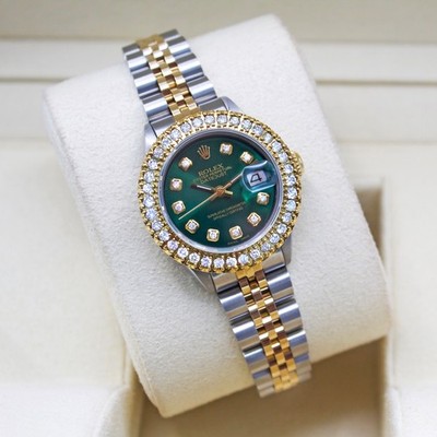 Rolex Datejust 26mm Automatic Custom 2ct Diamon Bezel Green Dial TT Jubilee Band