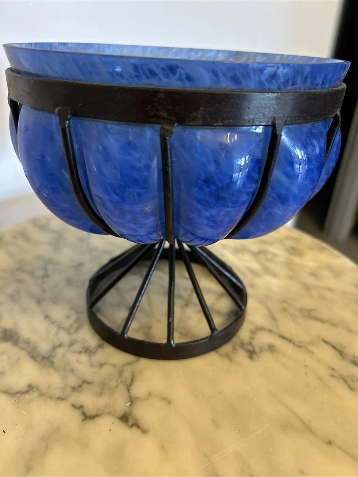 Vase art déco verre Montée Sur Fer Forgé Ancien Couleur Vase Un Bleu Magnifique - Photo 2/4