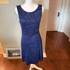 LOFT Women's lined Sheath Blue Print Dress, Knee Length, Crewneck, Medium