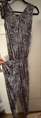 CONOS Black/White Paisley V-Neck Sleeveless Zip Jumpsuit Pockets M/L J-289