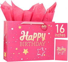 16" Pink Happy Birthday Gift Bag with Tissue Paper and Greeting Card for Party,H