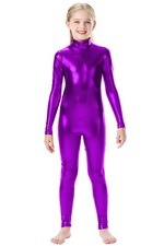 Kids metallic unitard, purple x-large, long sleeve shiny bodysuit dancewear