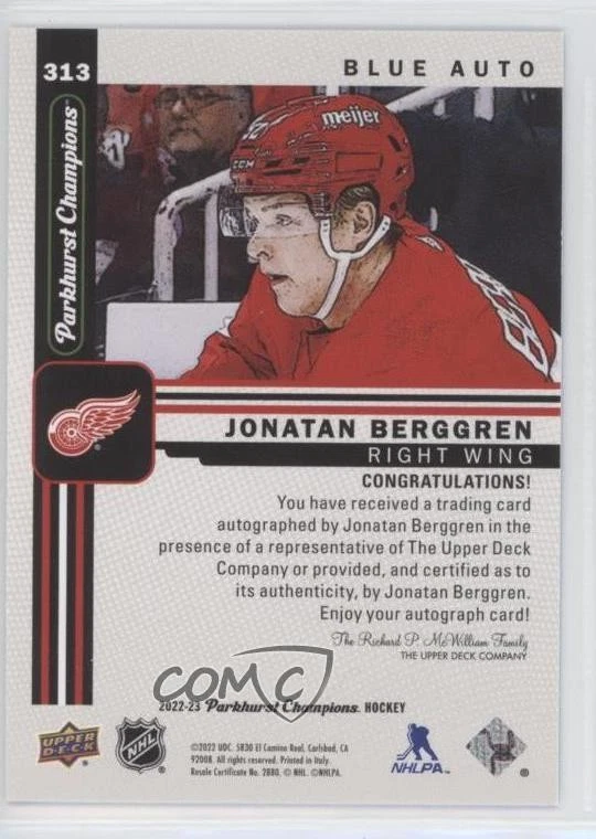 2022 Parkhurst Champions Rookies Blue /25 Jonatan Berggren #313 Rookie Auto RC - Image 2 of 2