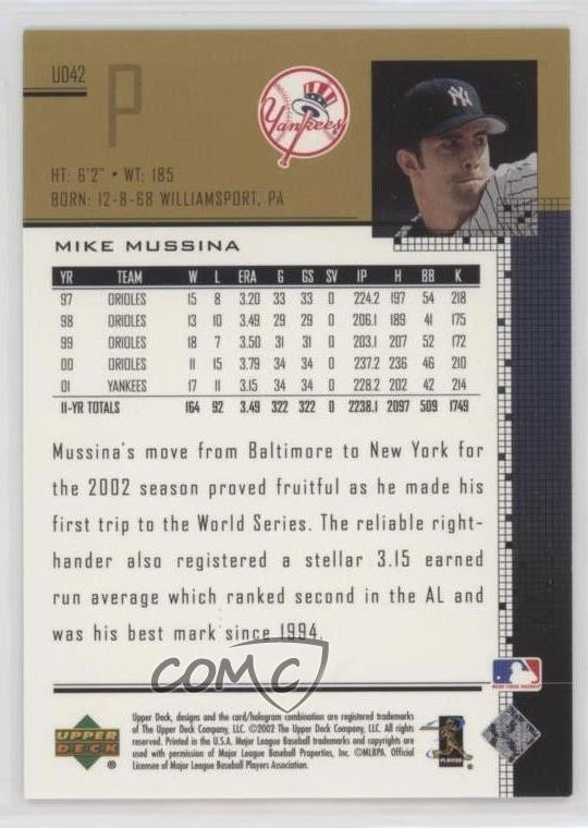 2002 Upper Deck Retail Plus /1125 Mike Mussina #UD42 HOF - Image 2 of 2