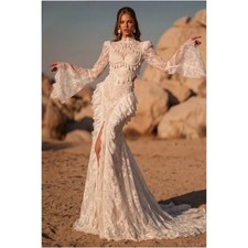 Boho White Wedding Dresses High Split High Neck Lace Long Sleeves Bridal Gowns