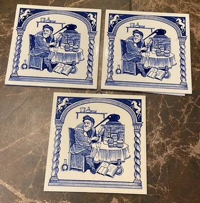 Delftware Tiles Apothecary 3 Blue White Pharmacist Tiles Vintage NOS