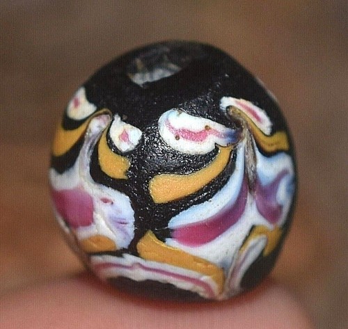 Black Antique Venetian Fancy Floral Italian Lampwork Glass Bead, African Trade