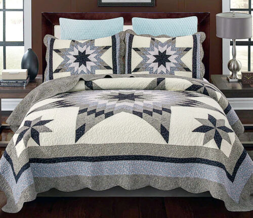 BLUE LONE STAR 3pc Cal King ** QUILT SET : IVORY COTTON 8 POINT FLORAL FARMHOUSE - Picture 1 of 6