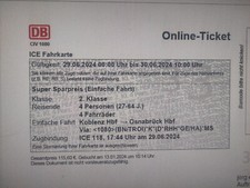 Zugticket 4x Koblenz Osnabrück mit Fahrradmitnahme