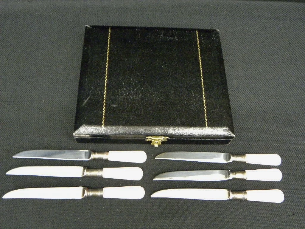 NOS 6 William Adams Pearl Handle Sterling Band Stainless Serrated 6" Knives