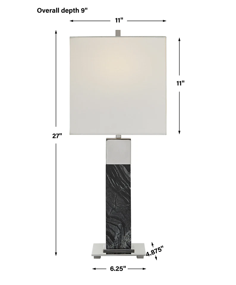 Classic Contemporary Veined Black Marble Table Lamp 27 in Silver White Column - Image 3 of 4
