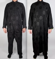 Shanghai Tang 3 piece suit long jacket pants XL black silk robe frog closure