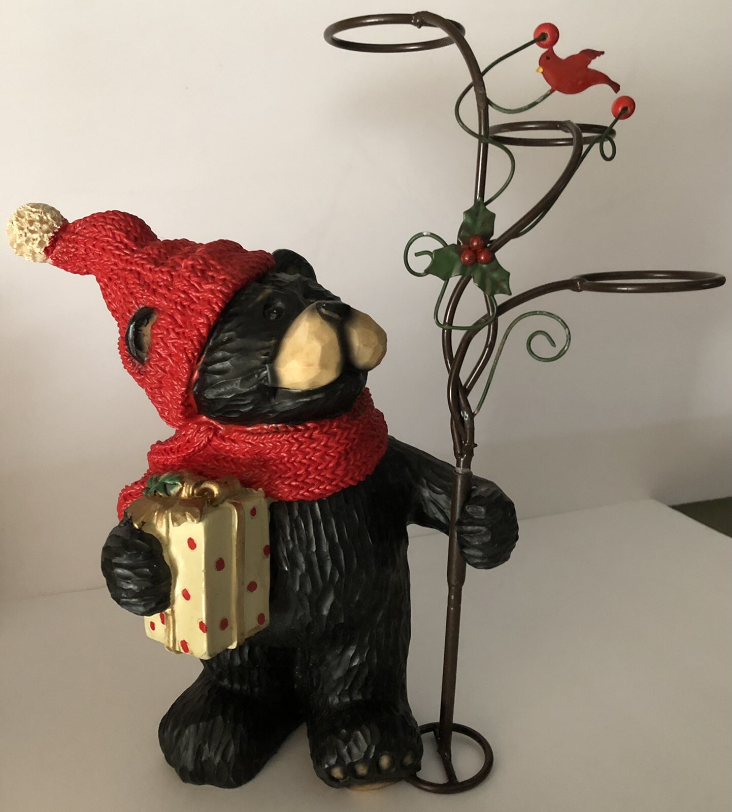 Black Bear Looking At red Cardinal Christmas candle Holder 2 pc Holiday figure