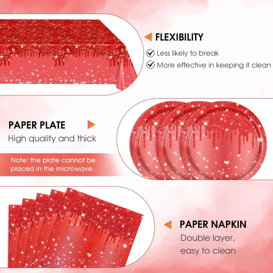 Rojo Decoración Fiesta 41 PIEZAS Feliz Cumpleaños Vajilla Platos Servilletas Mantel Foto 3 de 4