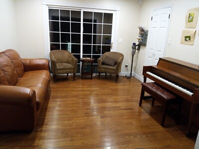 Piano, white leather sofa, grey leather sofa, brown leather sofa, brown accent c