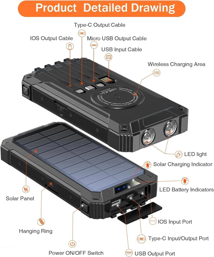 Solar Power Bank 36800mAh with Wireless Charging & Flashlight