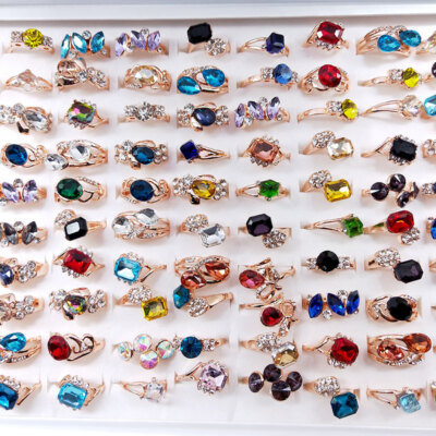 100pcs Wholesale Mixed Gold Plated Crystal Rings Bulk Finger