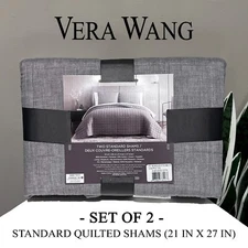 SET OF 2 New VERA WANG Gray Grid Squares Quilted Standard Shams 21x27 in