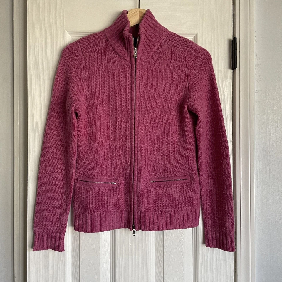 Suéter Sutton Cashmere Para Mujer Rosa Preppy Cremallera Mezcla de Lana Tejido Waffle Xs Foto 3 de 4