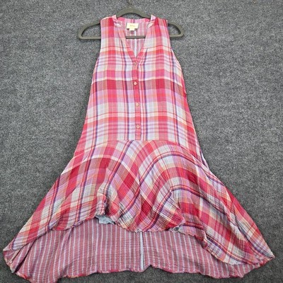 Maeve Anthropologie Pippa Shirt Dress Small Plaid Pink Hi-Lo Swing Flare