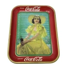 Vintage 1938 Coca-Cola Red And Gold Metal Tray Lady In Yellow Dress