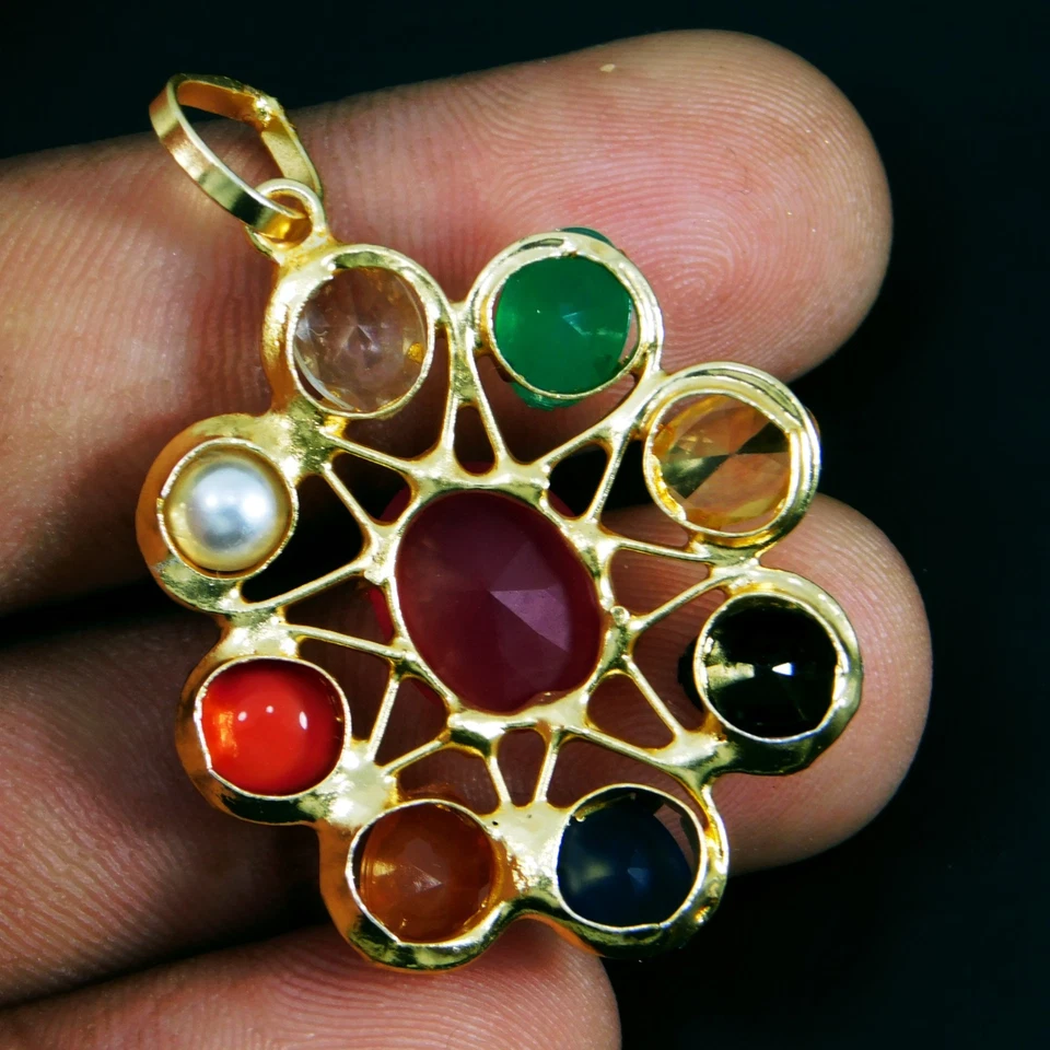Navratna Gemstone Pendant – 9 Planet Healing Stones Handmade Gold Plated Jewelry - Image 3 of 4
