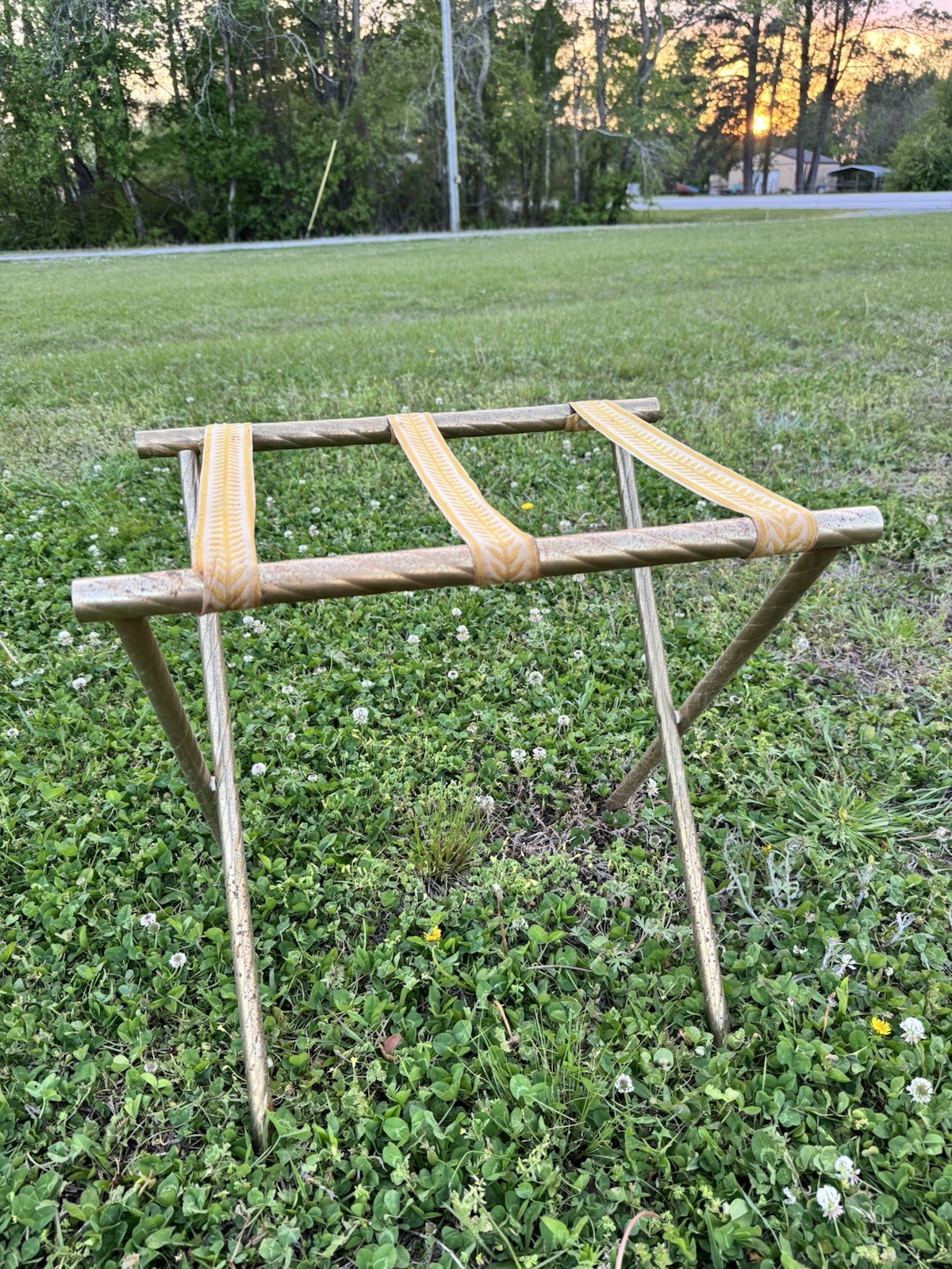 Vintage Folding Luggage Rack Brass Metal Stand Woven Strap M
