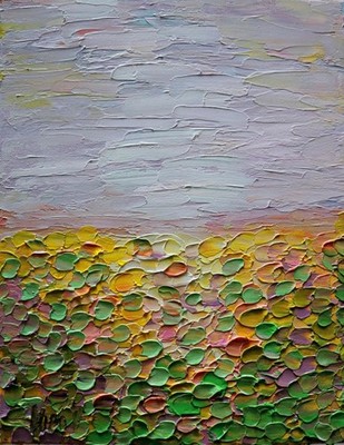 Abstract Landscape Painting Summer Lavender Sky, Blooming Fields Textured Art