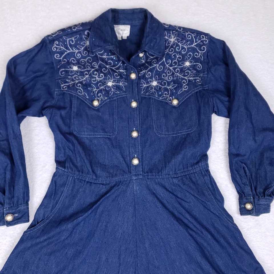 Винтажный страны износ джинсовой ткани Western макси платье размер 8 вышитый жемчуг акцент - Изображение 2 из 4