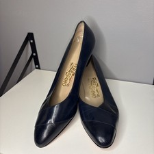 Salvatore Ferragamo Vintage Retro 80s/90s Navy Blue Leather Pumps by S