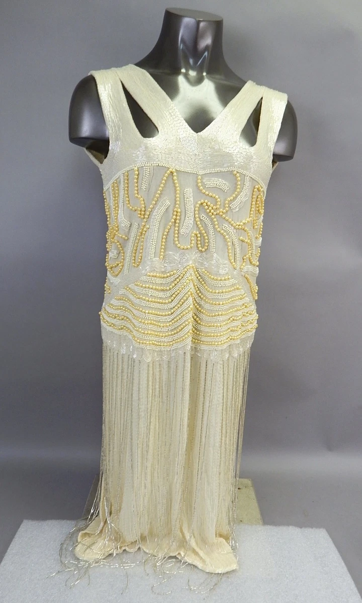 white beaded flapper dress Ivory Vintage Dresses for Women for sale Concert Black Lining: 100% Polyester Size:18-20-22-24-26 please choose the size