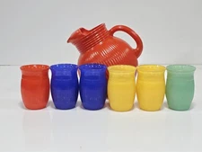 Vintage Hazel Atlas Fine Rib Orange Tilted Pitcher With Ice Lip 6 Tumblers-EX