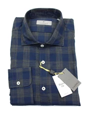 Canali Dress Shirt Mens XL Blue Gray Plaid Modern Fit Cotton Button Up Italy