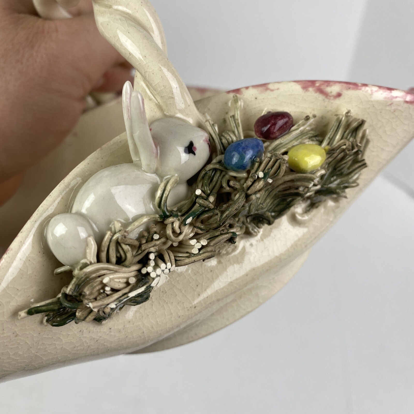 Ceramic Bunny Basket Handmade Painted 1999 Folk Art Home Easter Decor Rustic