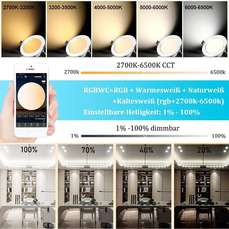 5W-9W Bluetooth WIFI LED Einbaustrahler RGB+WW+CW Einbauleuchte Decken Dimmbar - Bild 3 von 4