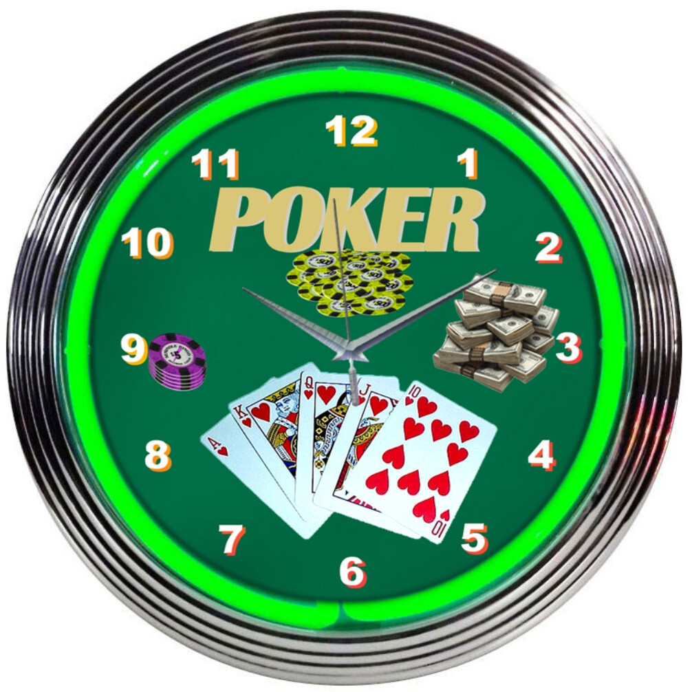 Poker Neon Clock sign Gameroom wall lamp light Dads Game room Casino art Hold em