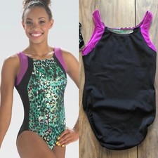 NWT GK Elite Green Shimmer Black Purple Gymnastics Leotard Adult Large AL