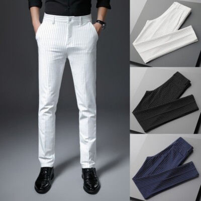 Men Striped Dress Pants Slim Fit Trousers Straight Leg Casual Business Smart