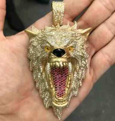 3.20Ct Round Cut Moissanite Wolf Face Shape Charm 14K Yellow Gold Plated Silver