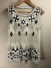 Unbranded Beautiful Floral Crochet Lace Sheer Sleeveless Top White And Blue