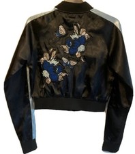 Hype Womens Silky Crop Bomber Jacket Black Size 4 Embroidered Detail