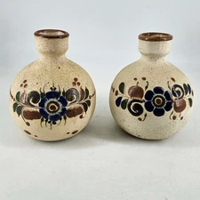 2 Vintage Sandstone Stoneware Tonala Mexican Folk Pottery Vase Butterfly Floral