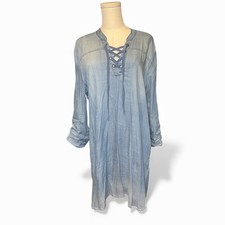Dear John Denim Chambray Lace Up Tunic Dress Size L Long Sleeve Roll Tab