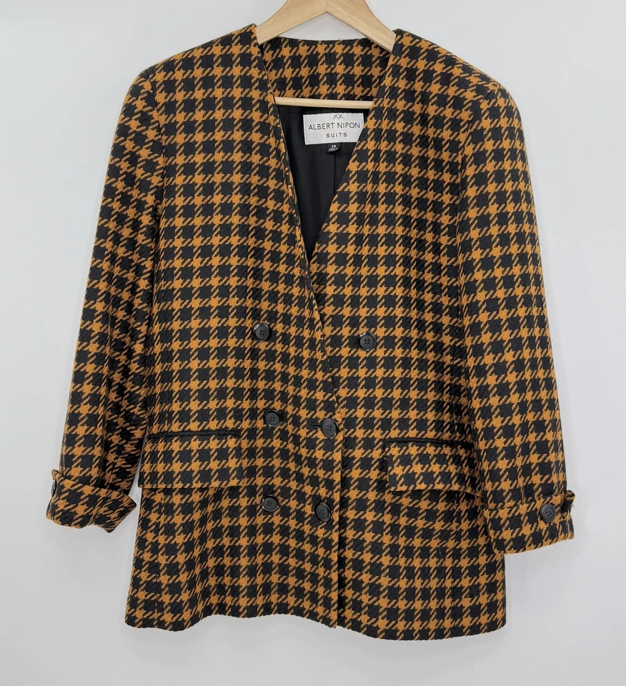 Blazer De Colección Albert Nipon Pata de Gallo Lana Botón Chaqueta 14 Resistente Preppy Años 90 Foto 2 de 4