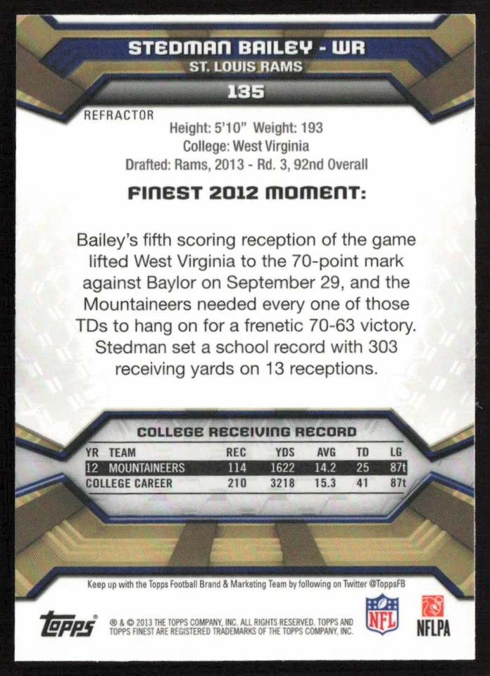 2013 Finest Refractors Stedman Bailey #135 Rookie St. Louis Rams - Image 2 of 2